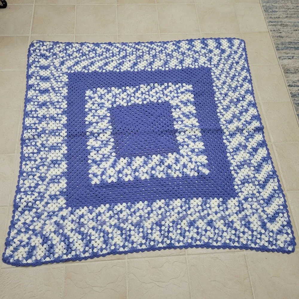 Handmade Crochet Throw Blanket 60x 60 Blue White Granny Square Vintage-style